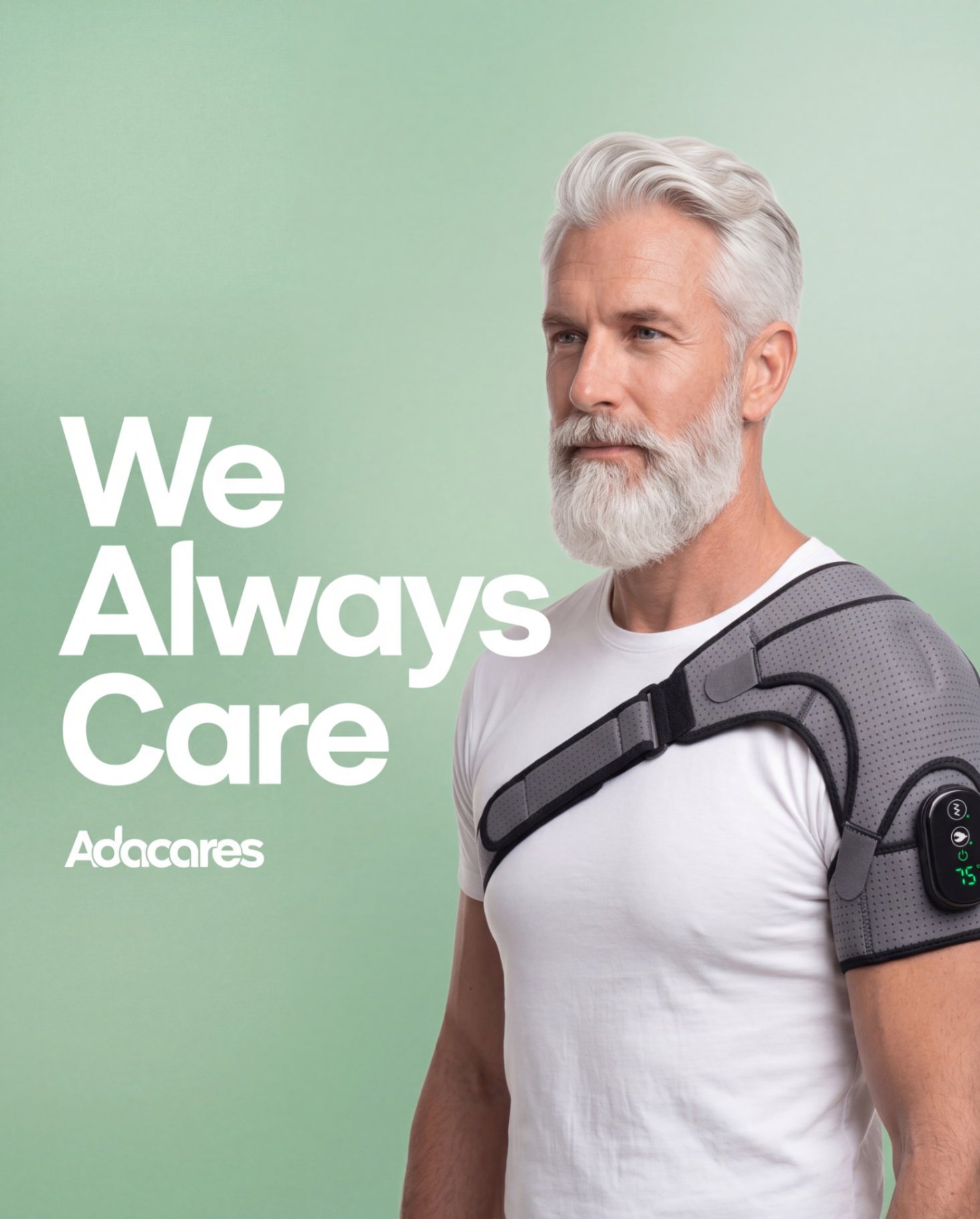 Adacares — We Always Care. Mature man wearing Adacares heated shoulder support.